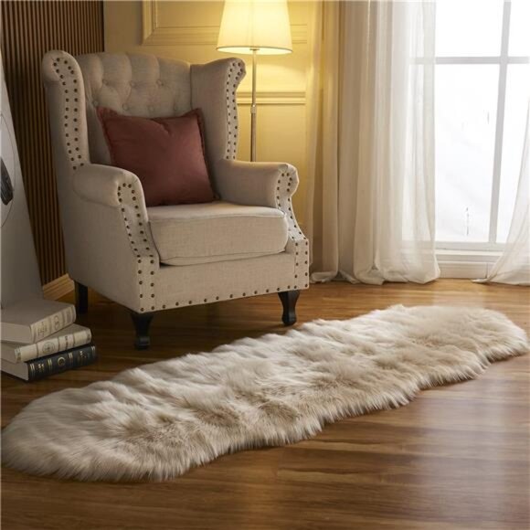 Area Rug Faux Fur Sheepskin Beige for Home Bedroom, Fluffy Small Fuzzy Furry Rug - Picture 2 of 7